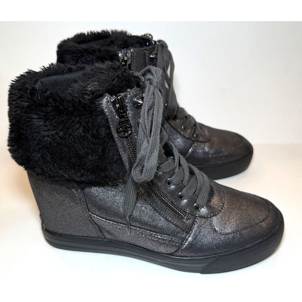 GUESS Dustyn Pewter Metallic Faux Fur Hidden Wedge Sneakers Womens 10M